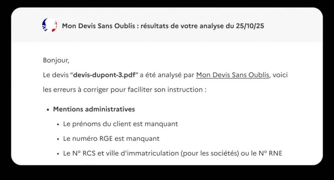 Envoyez vos documents et devis par e-mail, recevez l'analyse quelques minutes après.